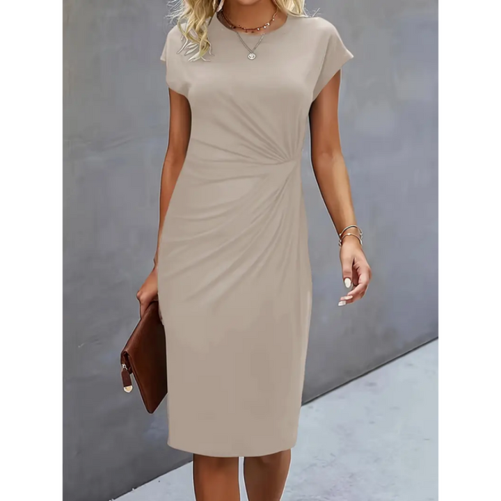Anne | Midi Cocktail Dress with Ruched Bodice and Round Neck