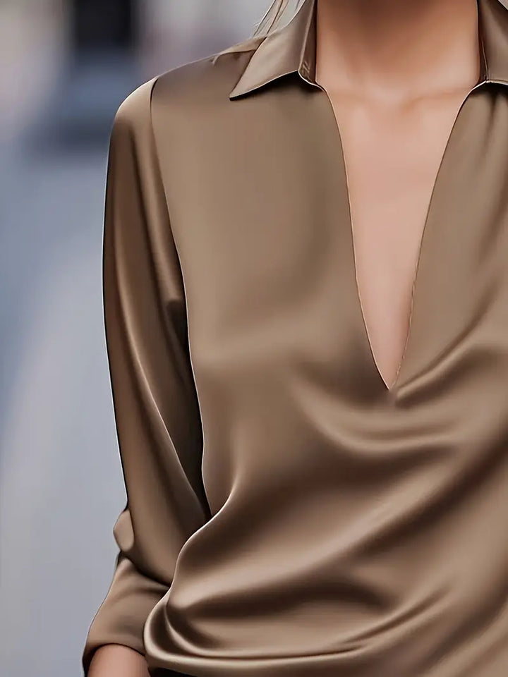 Women's Satin Blouse with V-Neck Collar and Long Sleeve