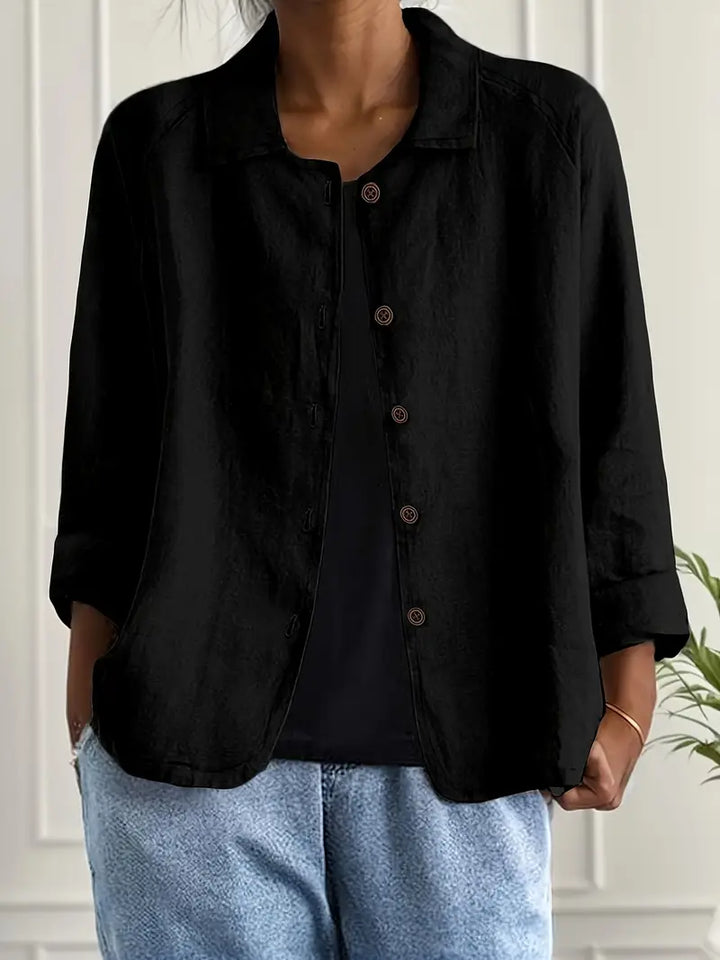 Women's Relaxed Linen Shirt with Open Collar and Button Front