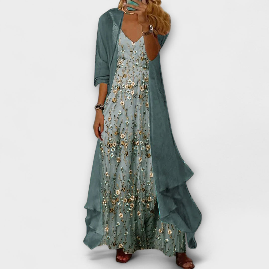 Women's Floral Maxi Dress Set with Cardigan