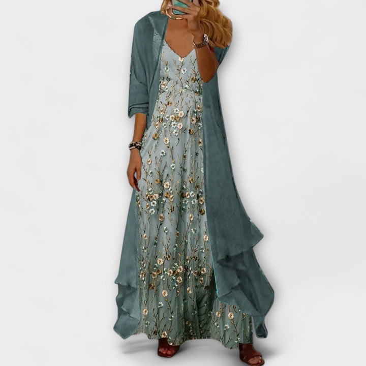 Women's Floral Maxi Dress Set with Cardigan