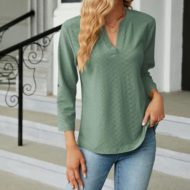 Vera | Waffle Textured Top with V-Neck and Long Sleeves