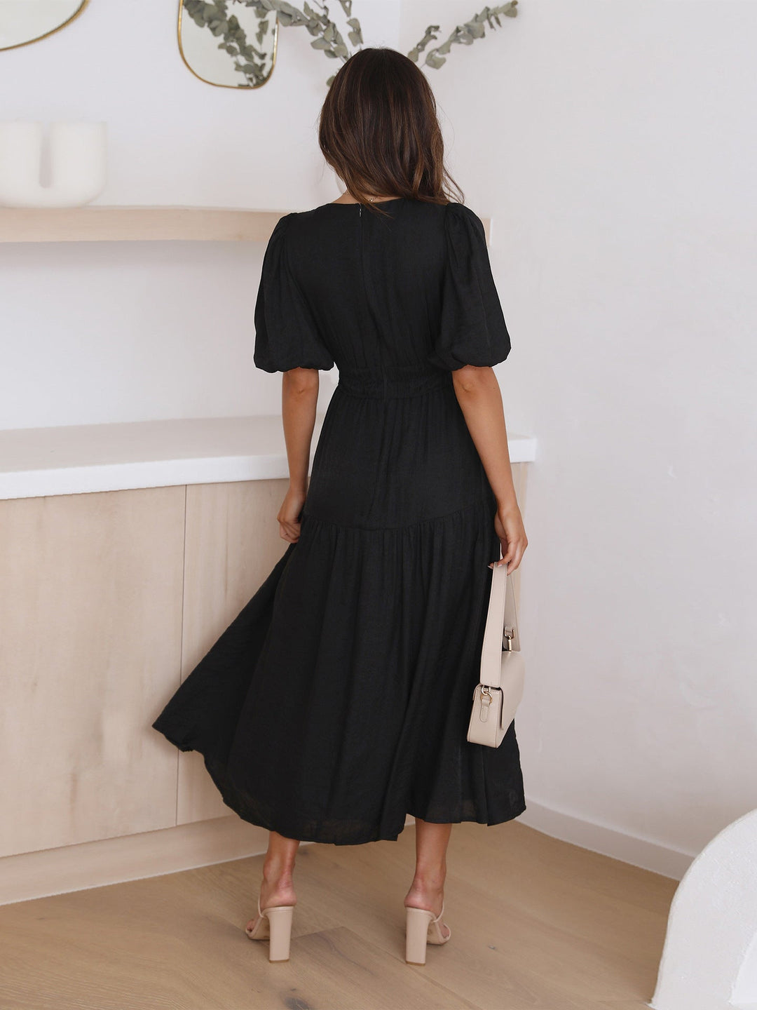 Enola | Midi Cocktail Dress with Puff Sleeves