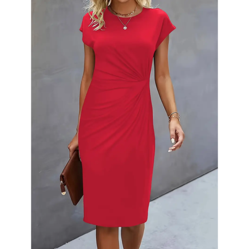 Anne | Midi Cocktail Dress with Ruched Bodice and Round Neck