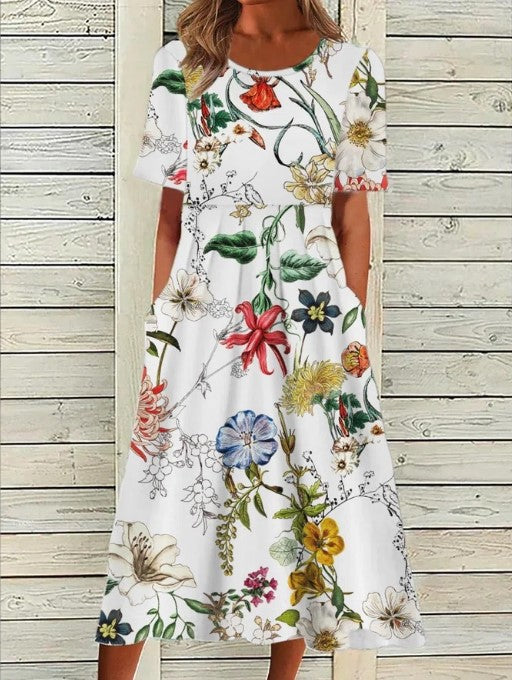 Women's Floral  Midi Dress with Gathered Waist and Pockets