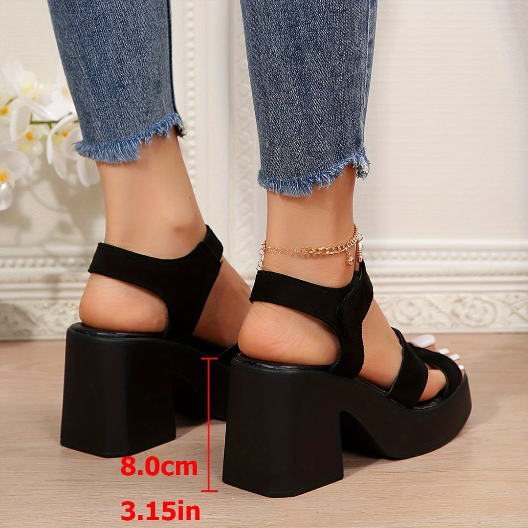 Women's Black Platform Block Heel Sandals with Ankle Strap