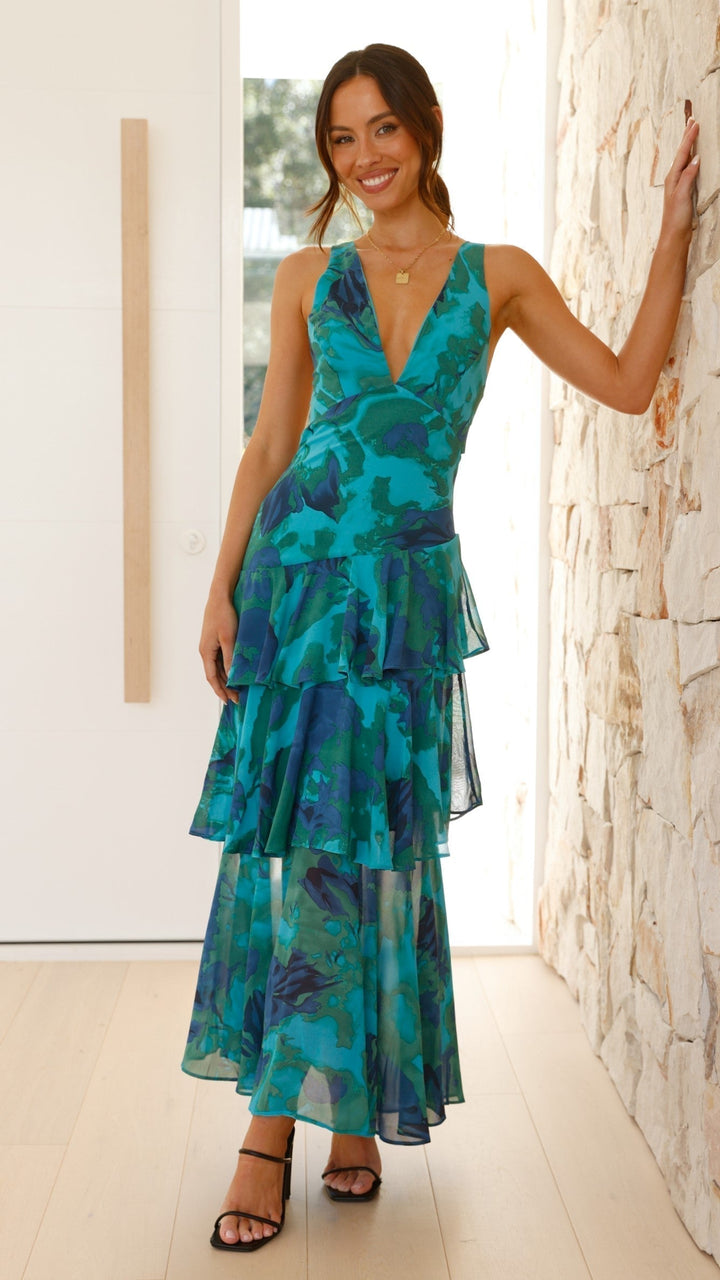 Maria | Maxi Wedding Guest Dress with Floral Print and Tiered Skirt