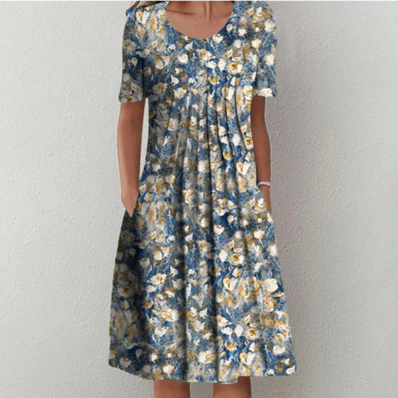 Women's Floral Midi Dress with Gathered Waist and Side Pockets