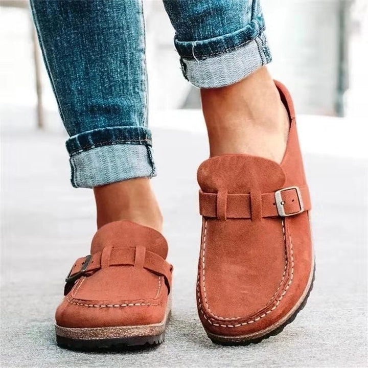 Women's Orthopedic Slip on Mules with Buckle Detail and Moccasin Stitch