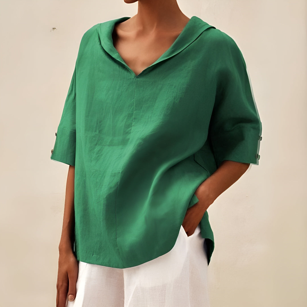 Ria | Linen Top with V-Neck Collar and Relaxed Fit