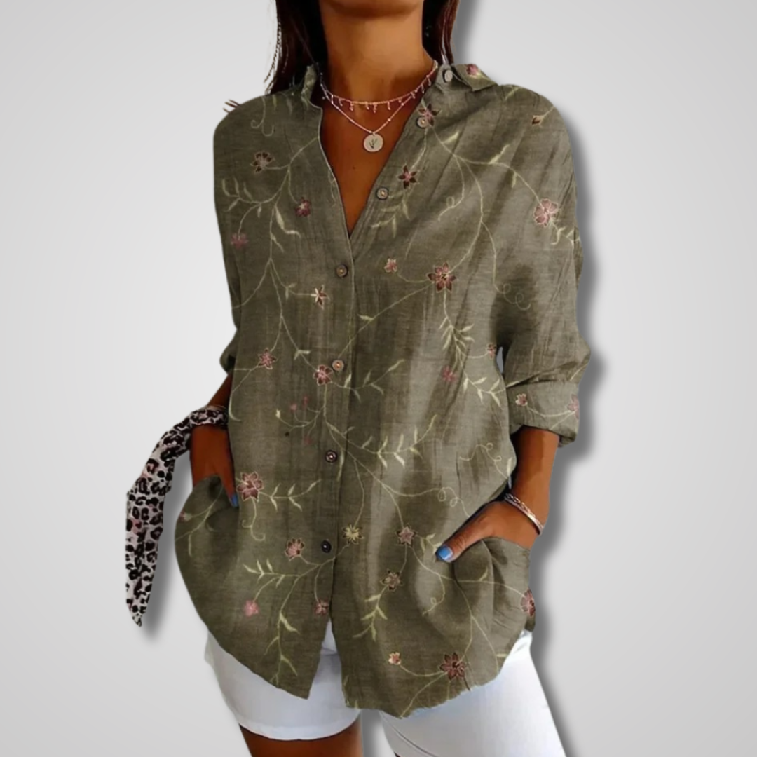 Women's Printed Long Sleeve Button Down Blouse with V-Neck