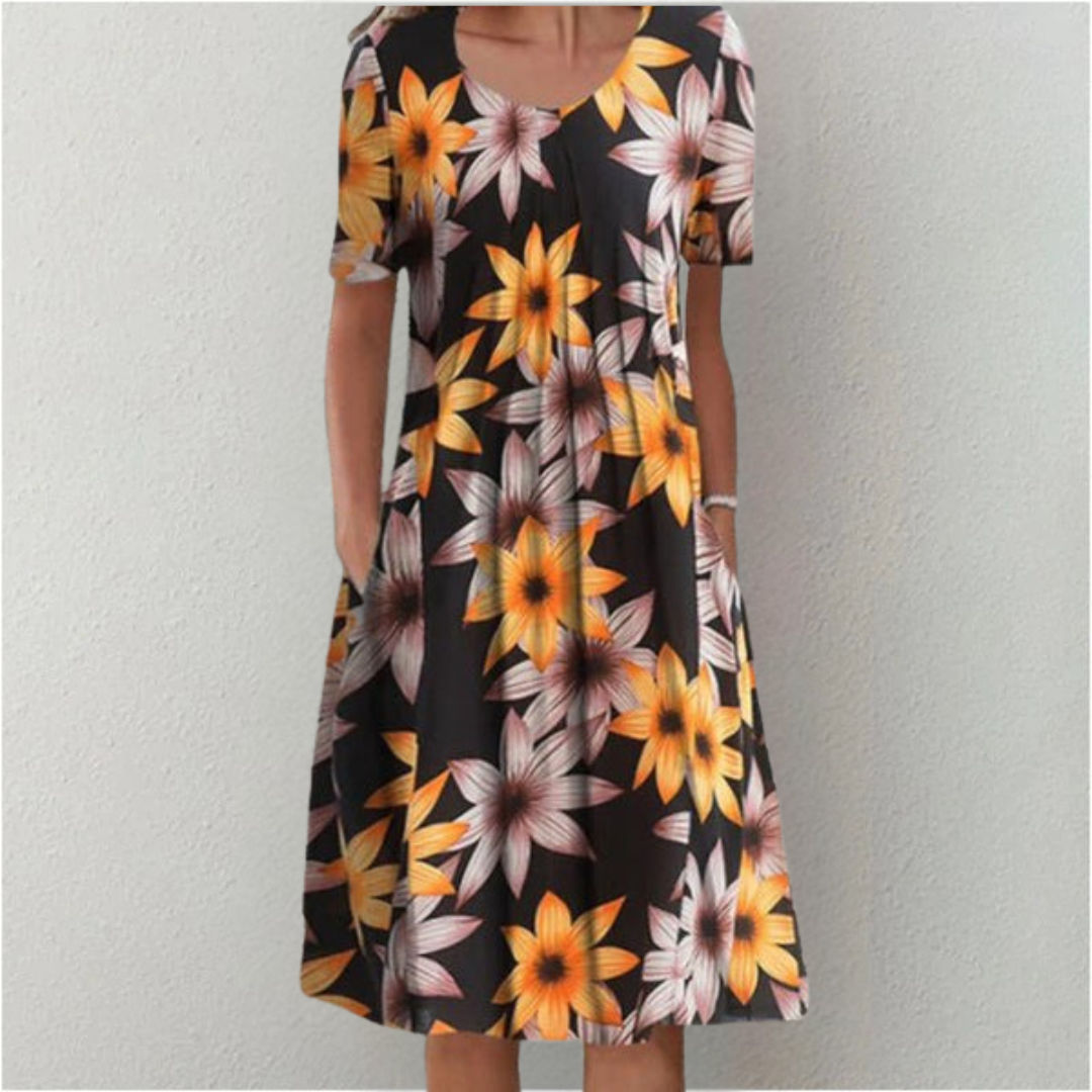 Women's Floral Midi Dress with Gathered Waist and Side Pockets