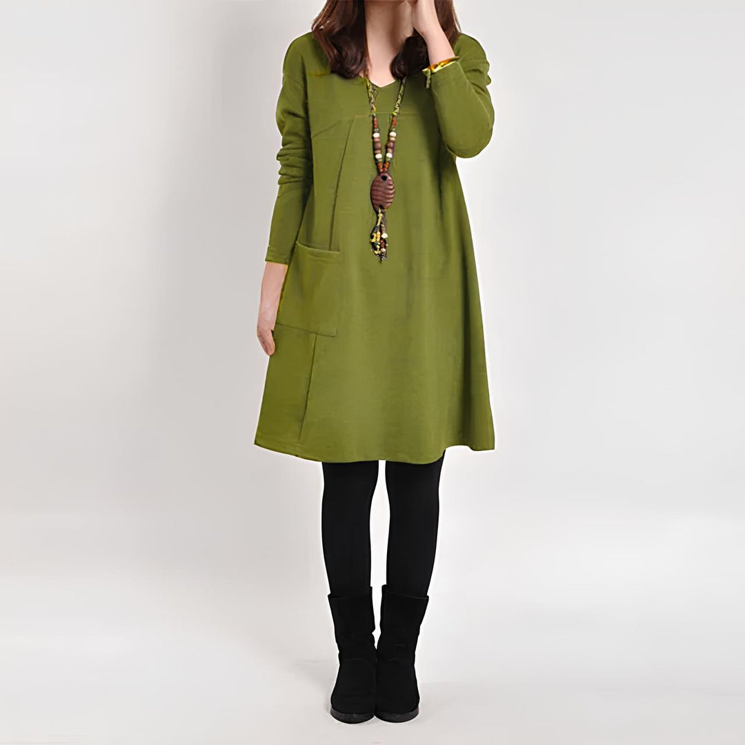 Angie | Midi Summer Dress with V-Neck and Long Sleeves