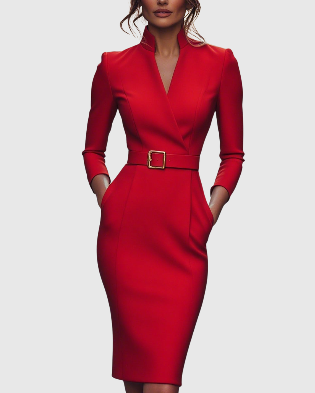 Women's Long Sleeve Belted Midi Dress with V-Neckline