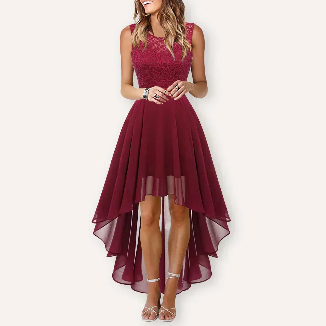 Alexis | Midi Wedding Guest Dress with High-Low Hem and Round Neck