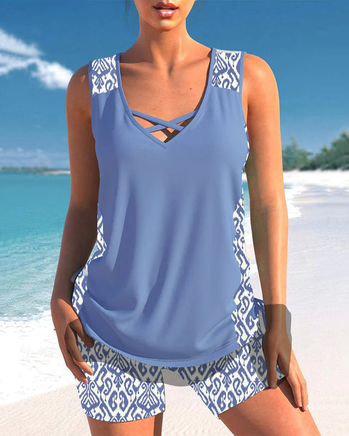Women's Crisscross V-Neck Tankini Set with Shorts
