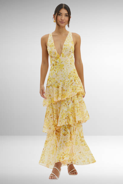 Maria | Maxi Wedding Guest Dress with Floral Print and Tiered Skirt