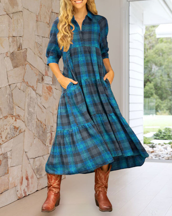 Nica | Midi Shirt Dress with Plaid Print and Tiered Skirt
