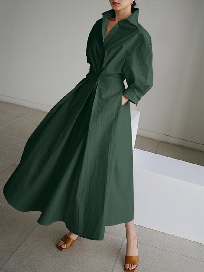 Amber | Maxi Shirt Dress with Collared Neck and Twist Waist