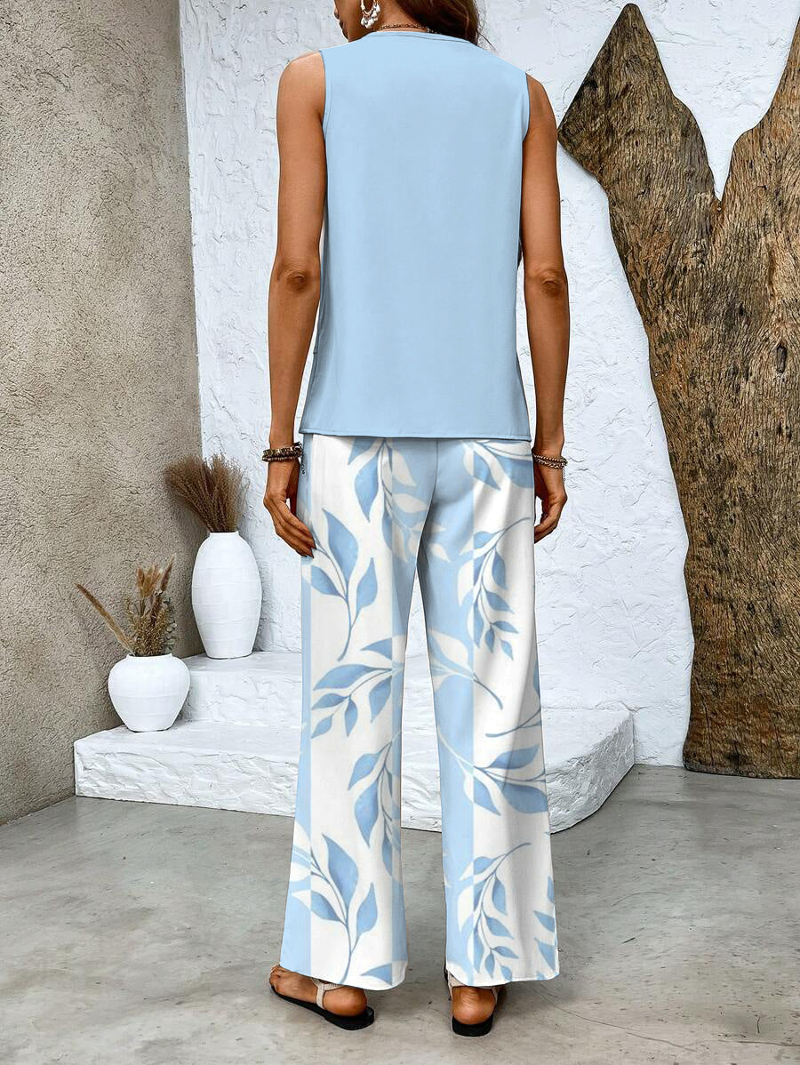 Women's Sleeveless Tank Top and Printed Wide Leg Pants Set