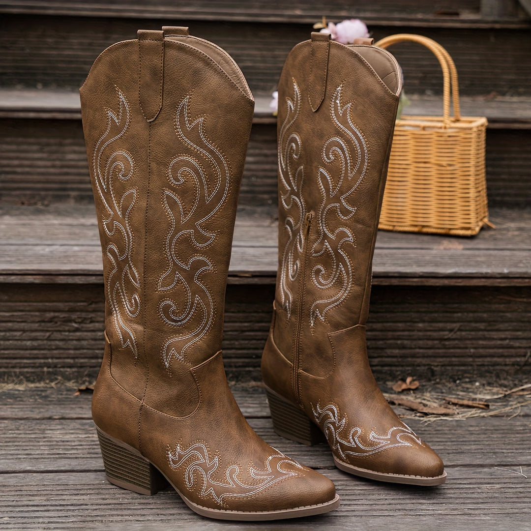 Women's Knee-High Cowboy Boots with Block Heel