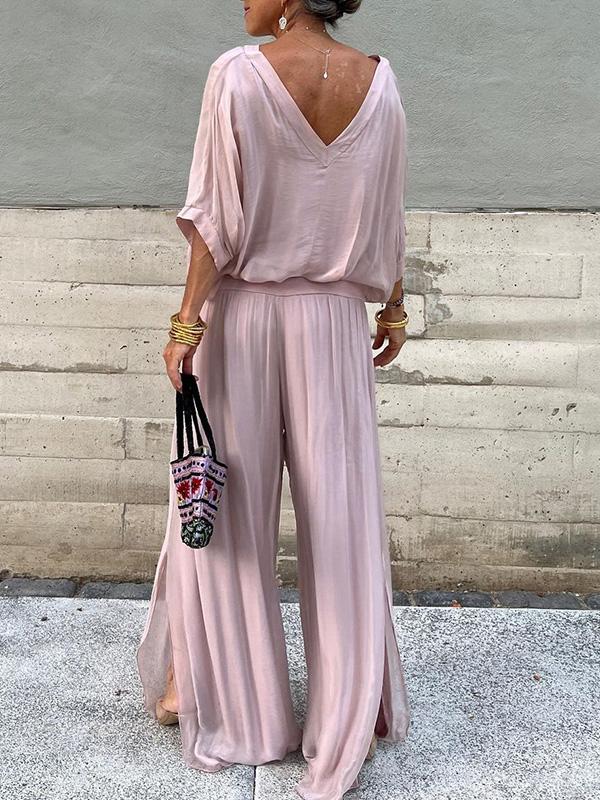 Edith | Two-Piece Set with V-Neck Top and Wide Leg Trousers