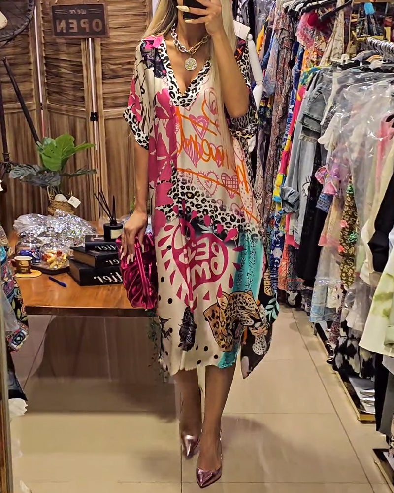 Debra | Midi Summer Dress with Boho Print and V-Neck