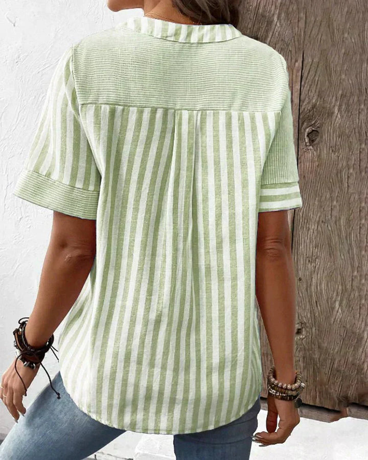 Nia | Striped Top with V Neckline and Button Detail