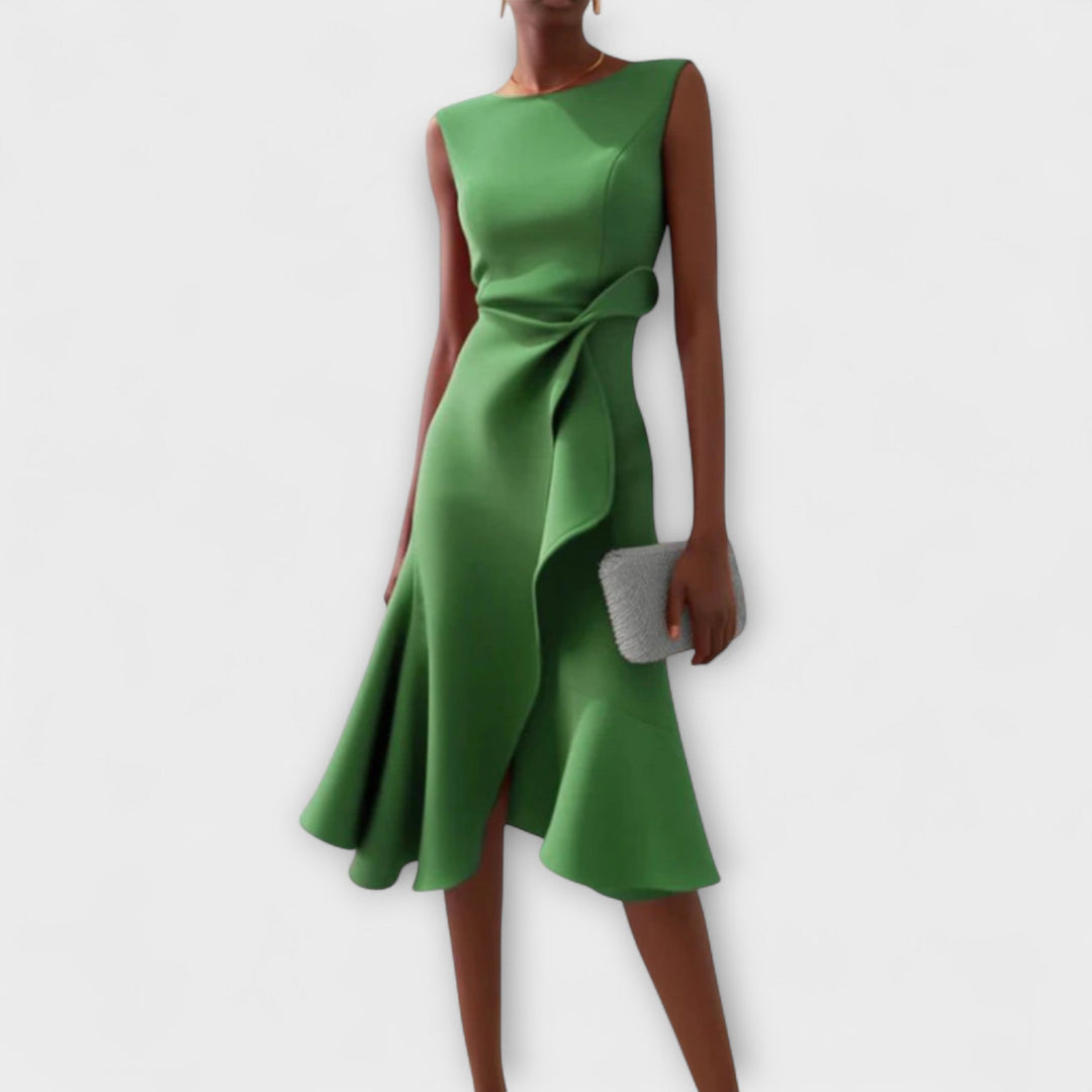 Sheila | Midi Cocktail Dress with Asymmetric Hem and Draped Bodice