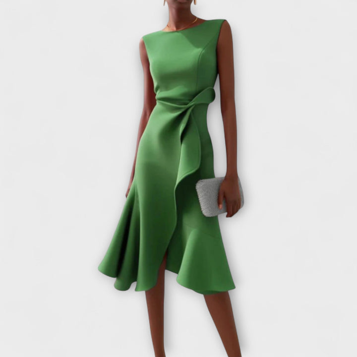 Sheila | Midi Cocktail Dress with Asymmetric Hem and Draped Bodice