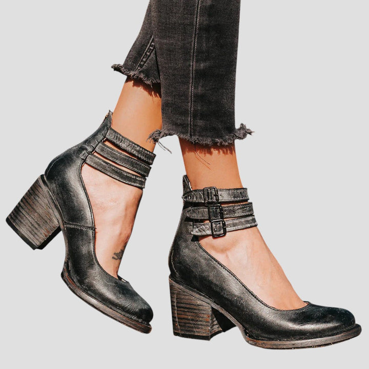 Women's Closed Toe Block Heel with Buckle Strap