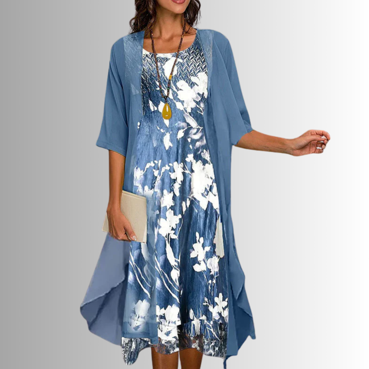 Women's Floral Midi Dress with Open-Front Overlay