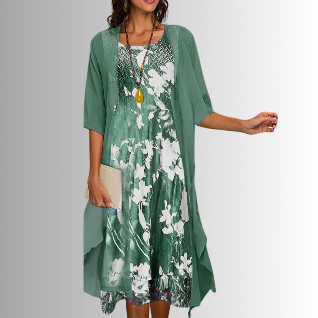 Women's Floral Midi Dress with Open-Front Overlay