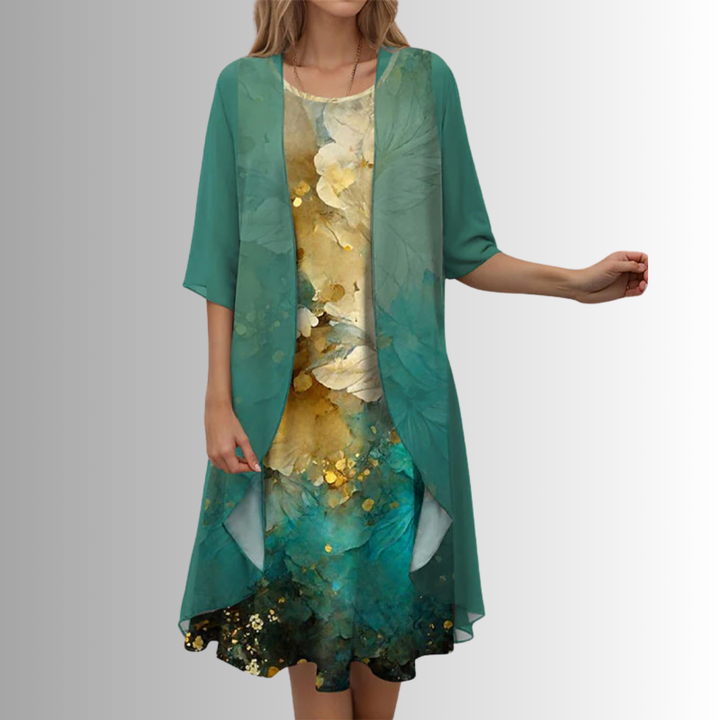Women's Floral Midi Dress with Open-Front Overlay