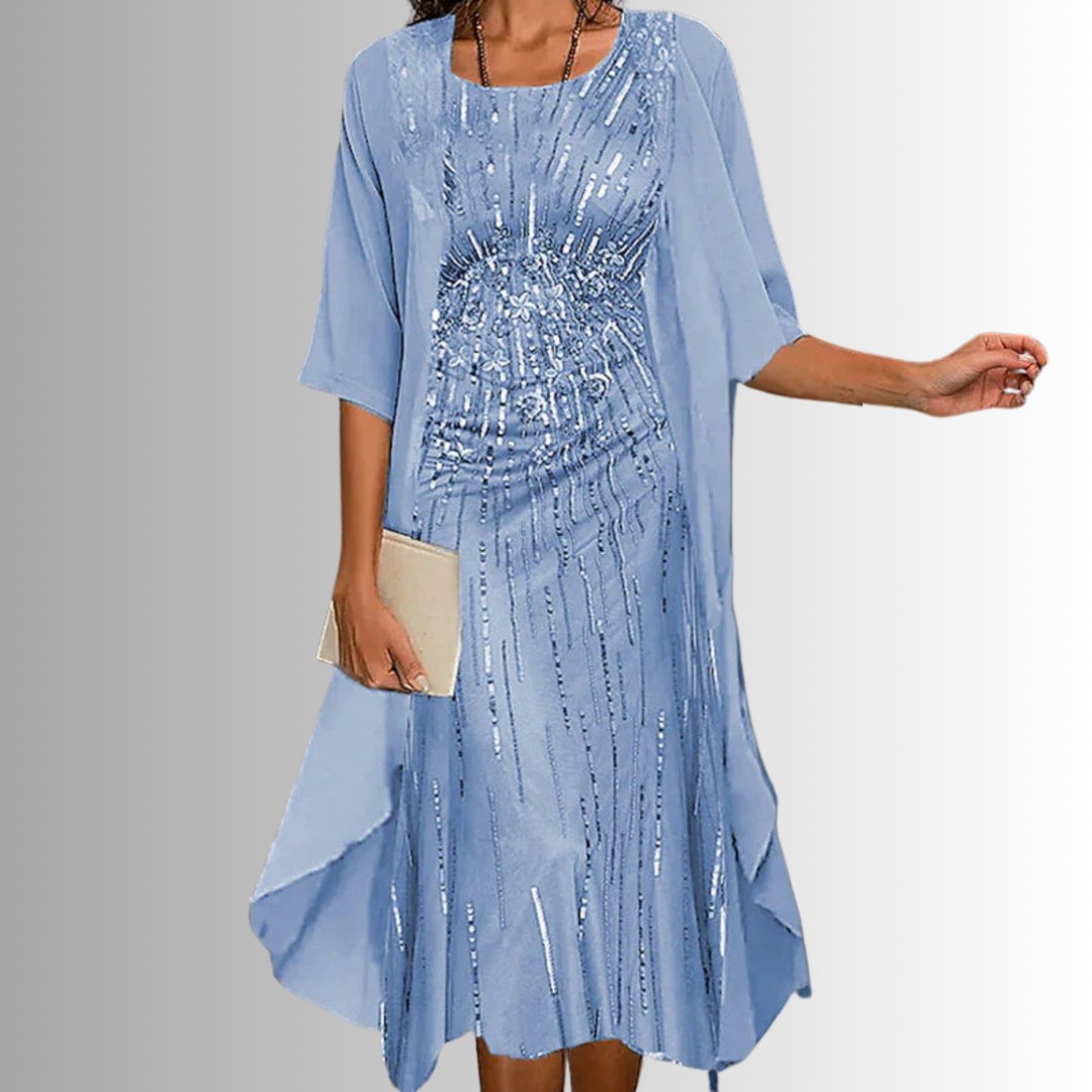 Women's Floral Midi Dress with Open-Front Overlay