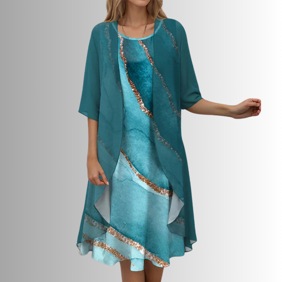Women's Floral Midi Dress with Open-Front Overlay