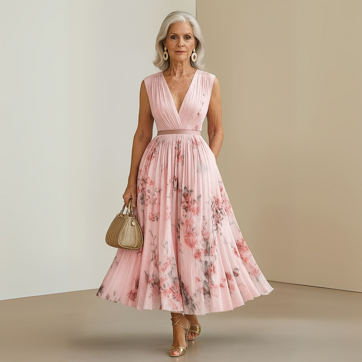 Nora | Maxi Wedding Guest Dress with Floral Print and Pleated Skirt