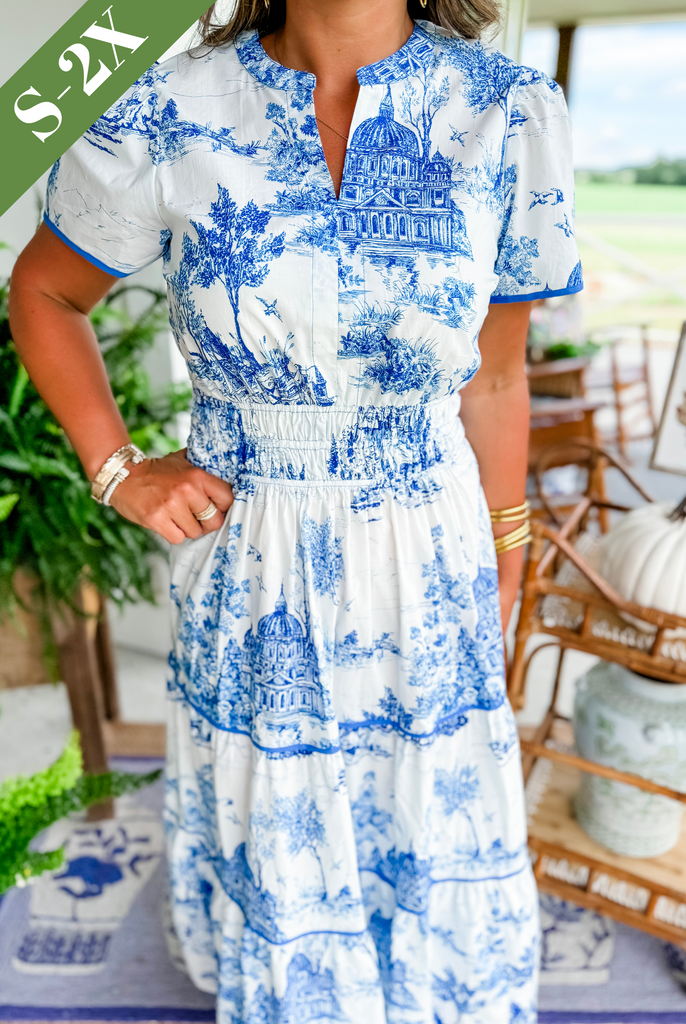 Nova | Maxi Shirt Dress with Toile Print and Tiered Skirt