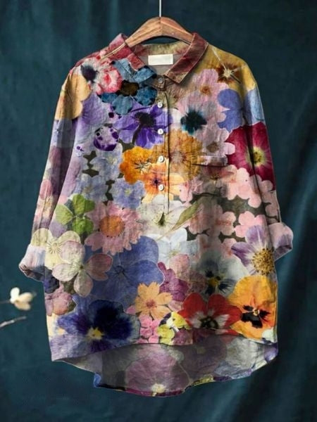 Flora | Floral Print Blouse with Shirt Collar and Long Sleeves