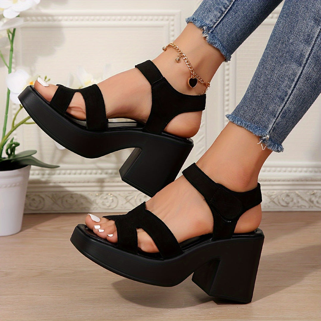 Women's Black Platform Block Heel Sandals with Ankle Strap