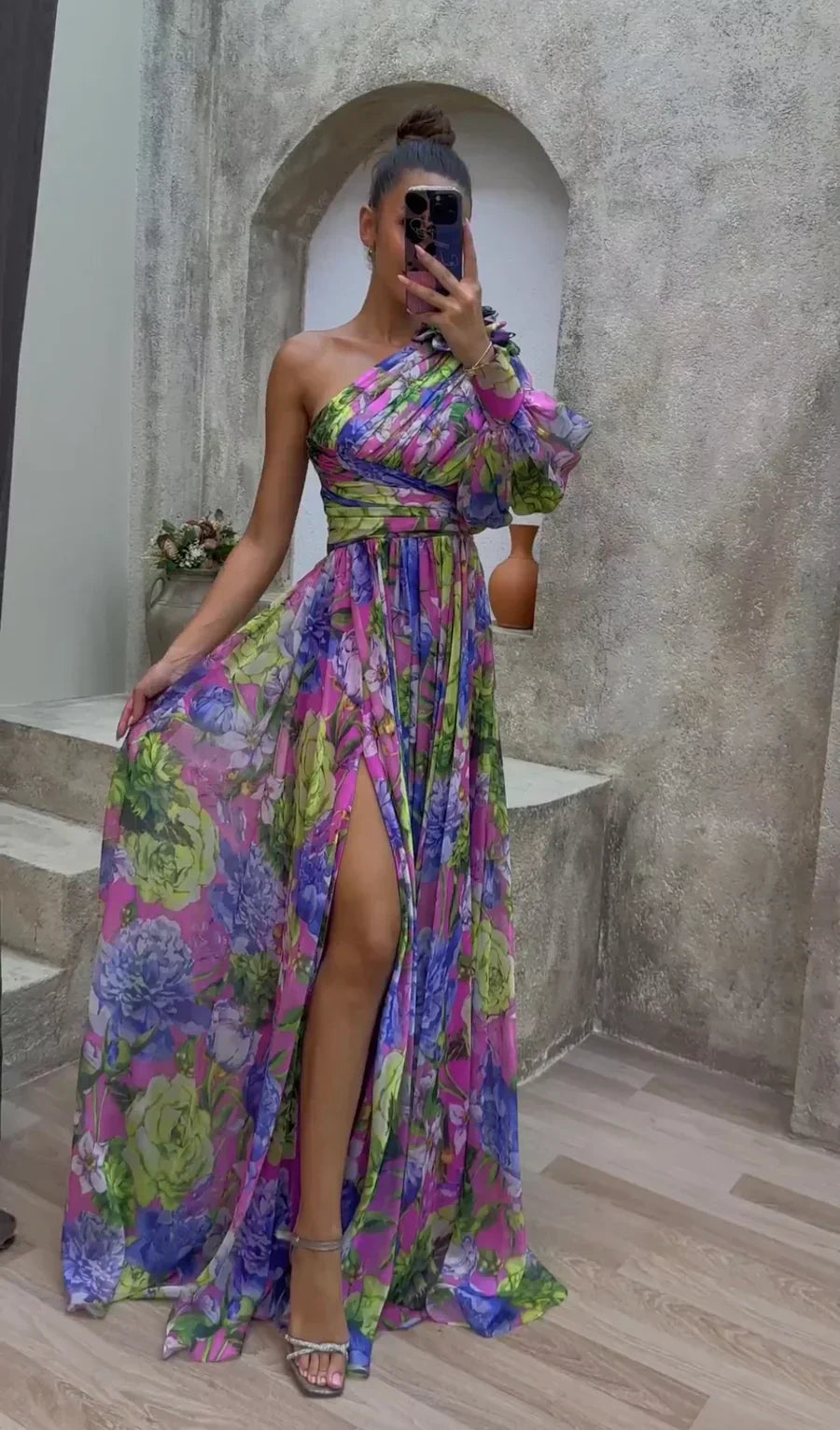 Women's Floral One Shoulder Maxi Dress with High Side Slit