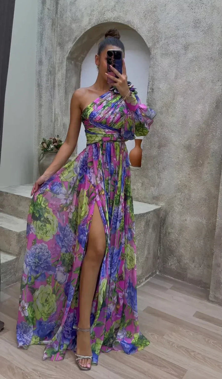 Women's Floral One Shoulder Maxi Dress with High Side Slit