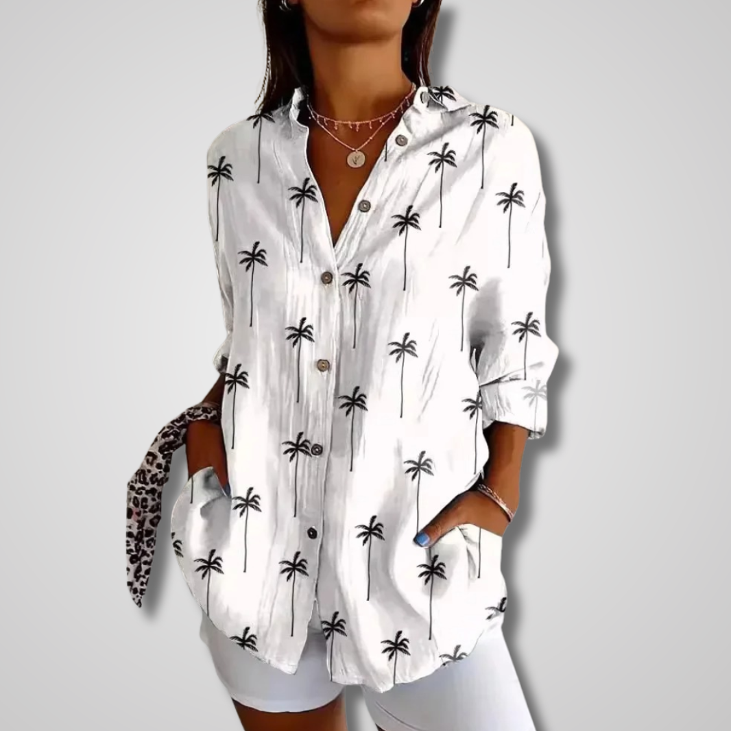 Women's Printed Long Sleeve Button Down Blouse with V-Neck