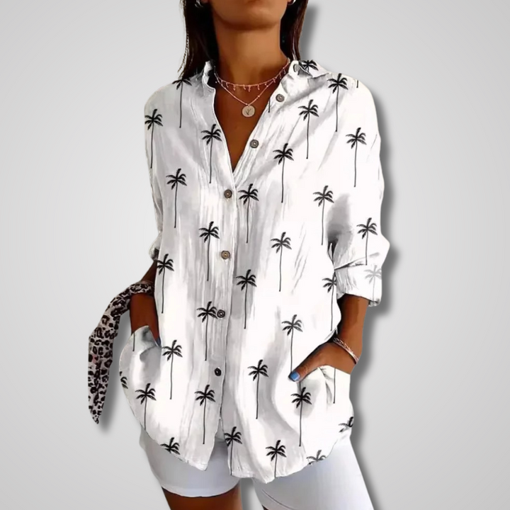 Women's Printed Long Sleeve Button Down Blouse with V-Neck