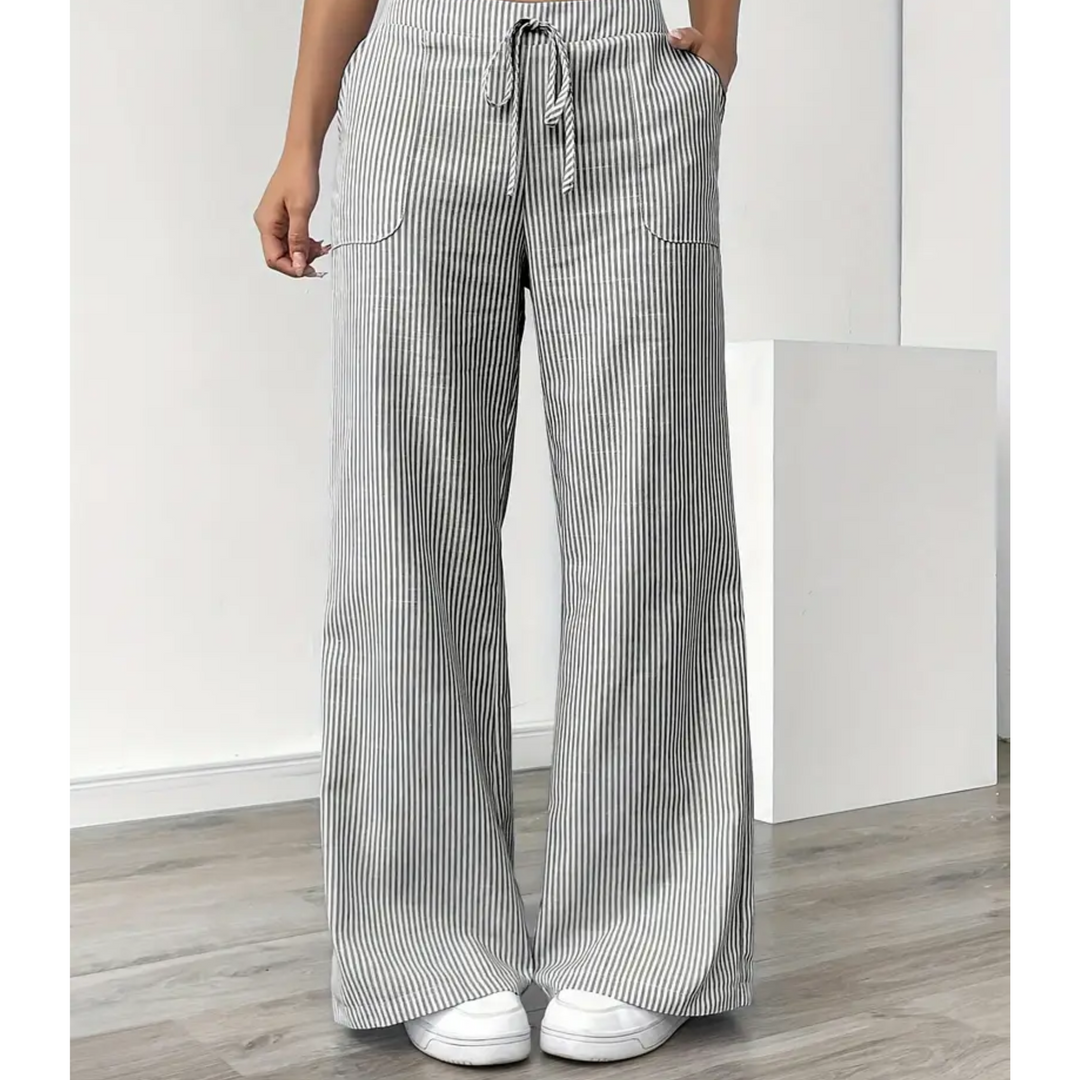 Sandy | Wide Leg Trousers with Striped Print and Drawstring Waist