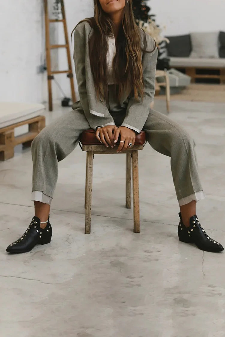 Women's Studded Ankle Boots with Pointed Toe and Block Heel