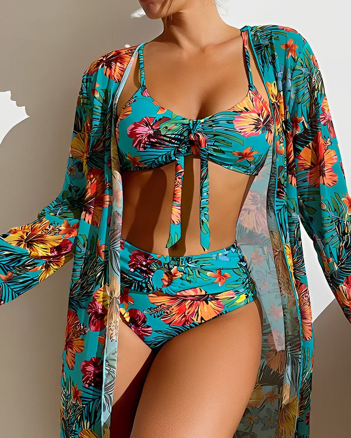 Women's Three Piece Bikini Set with Teal Floral Cover Up