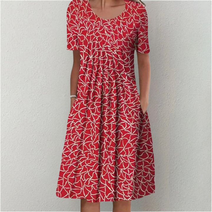 Women's Floral Midi Dress with Gathered Waist and Side Pockets