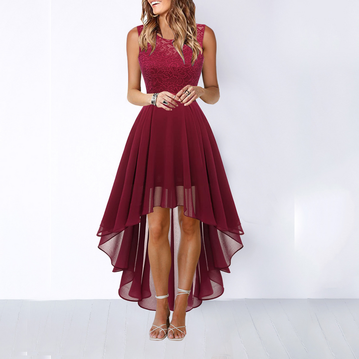 Alexis | Midi Wedding Guest Dress with High-Low Hem and Round Neck