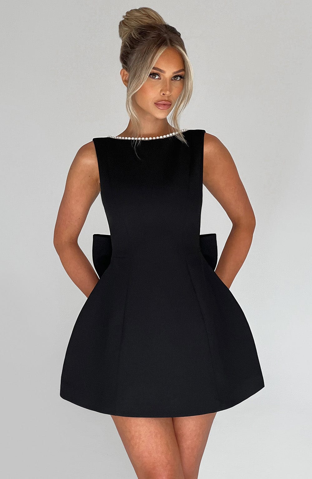 Amber | Mini Wedding Guest Dress with Pearl Trim and A-Line Cut